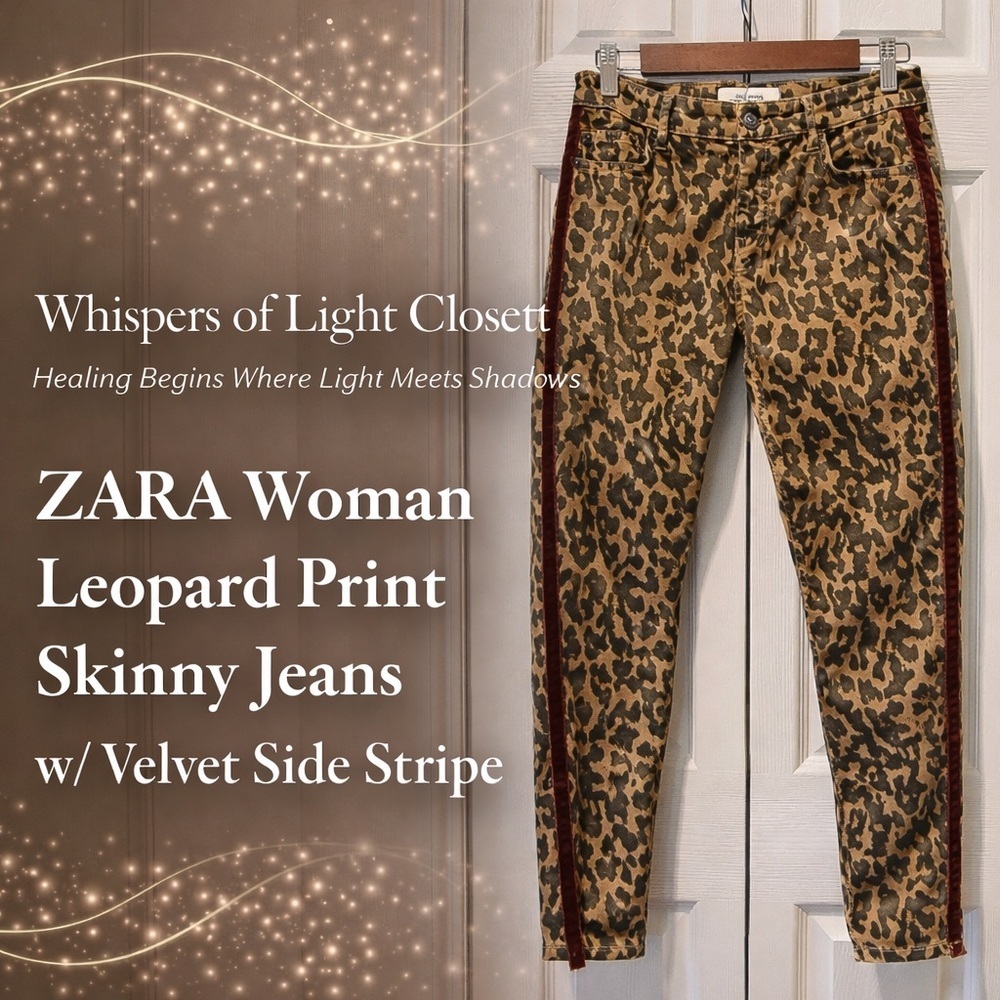 🐆 ZARA Woman Leopard Print Skinny Jeans with Velvet Side Stripe Size 4 - Picture 5 of 9